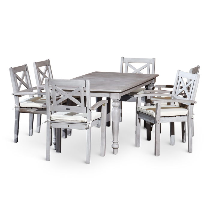 7 PCS Rectangular Silver Gray Finish Dining Set with X-back Styling on Armchairs