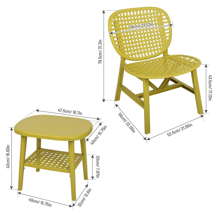 3 PCS Hollow Design Retro Outdoor Patio Tea Table and Chair Set - Yellow