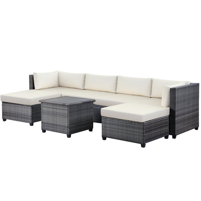 7 PCS Outdoor Rattan Sectional Seating Group with Tea Table and Beige Color Cushions