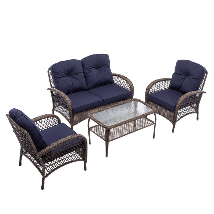 4 PCS Outdoor FurnitureModern Wicker Rattan Seating Set with Navy Cushion