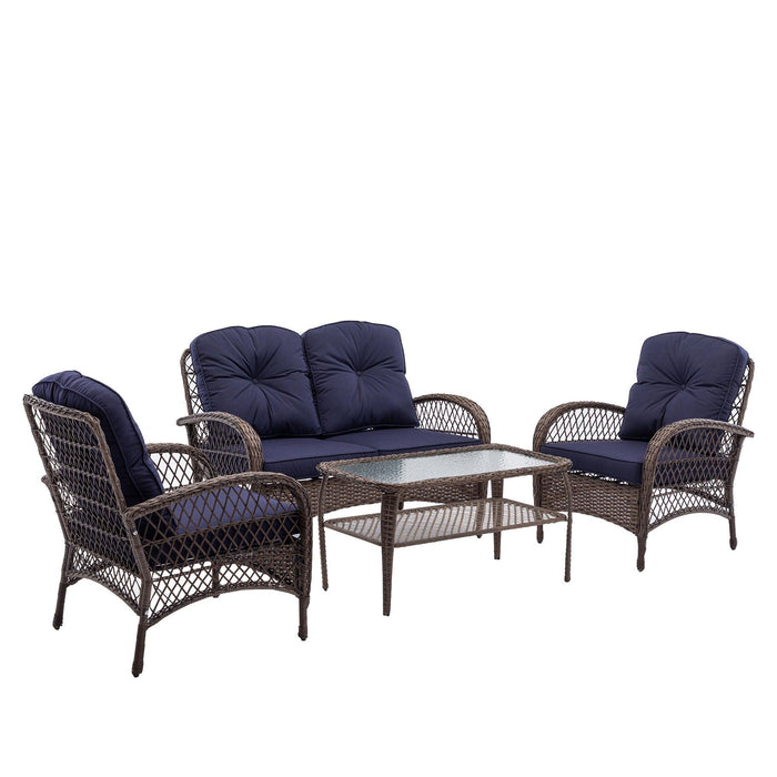 4 PCS Outdoor FurnitureModern Wicker Rattan Seating Set with Navy Cushion