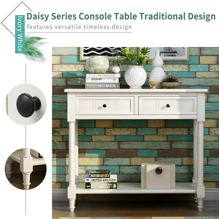 Daisy Series Console Table Traditional Design with Two Drawers and Bottom Shelf (Ivory White)