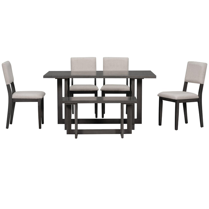 Wooden 6-Piece Dining Table Set H-shaped Support Design Dining Table, Four Chairs with Soft Cushions and One Wooden Bench (Gray)