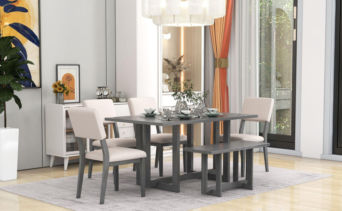 Wooden 6-Piece Dining Table Set H-shaped Support Design Dining Table, Four Chairs with Soft Cushions and One Wooden Bench (Gray)