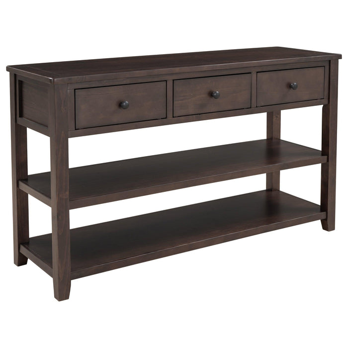 Retro Design Console Table with Two Open Shelves, Pine Solid Wood Frame and Legs for Living Room (Espresso)