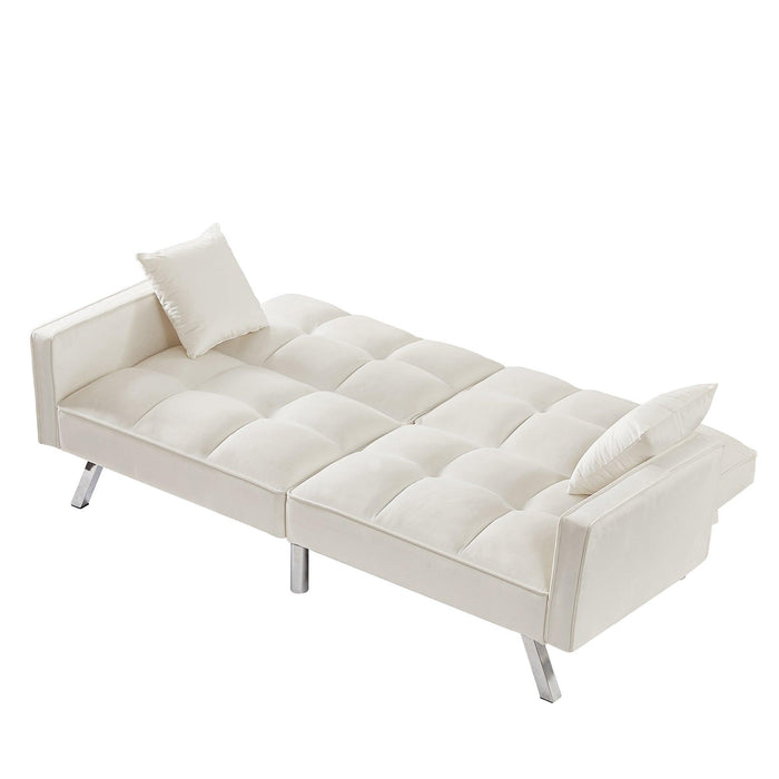 Velvet Sofa Couch Bed with Armrests and 2 Pillows for Living Room and Bedroom - Cream White