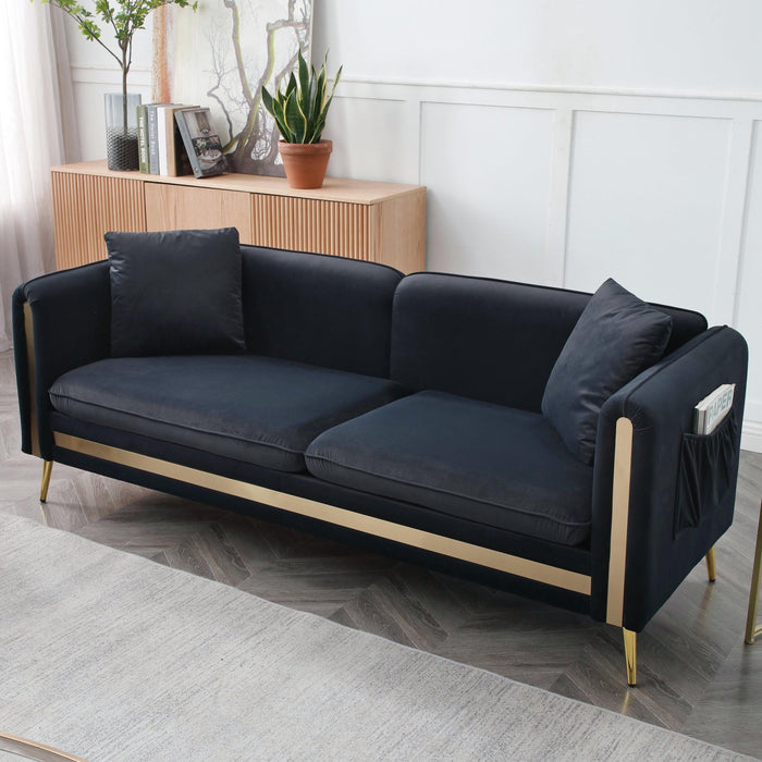 77.2”Modern Upholstered Velvet Sofa 3 Seater Couch with Removable Cushions Side Pocket Mid-Century Tufted Living Room Set ld Metal Legs,2 Pillows Included,Black