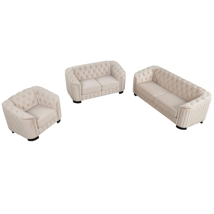 Modern 3-Piece Sofa Sets with Rubber Wood Legs,Velvet Upholstered Couches Sets Including Three Seat Sofa, Loveseat and Single Chair for Living Room Furniture Set,Beige