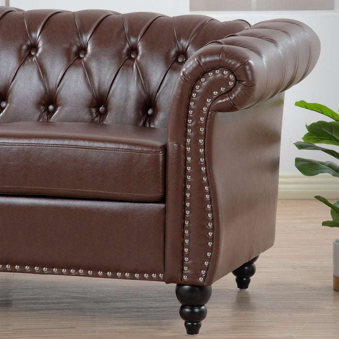 84.65" Dark Brown PU Rolled Arm Chesterfield Three Seater Sofa.