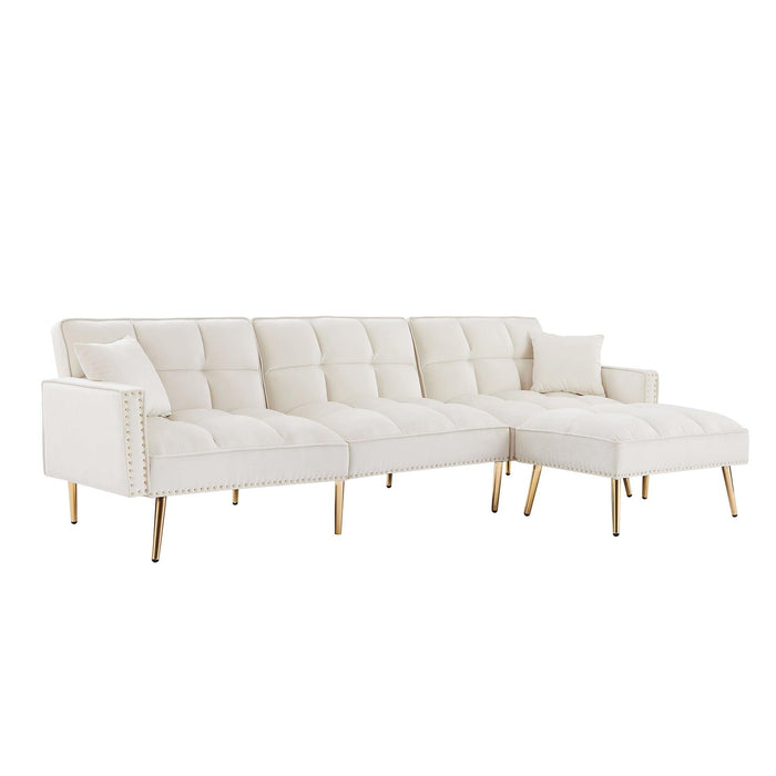 cream white Velvet Upholstered Reversible Sectional Sofa Bed , L-Shaped Couch with Movable Ottoman For Living Room.