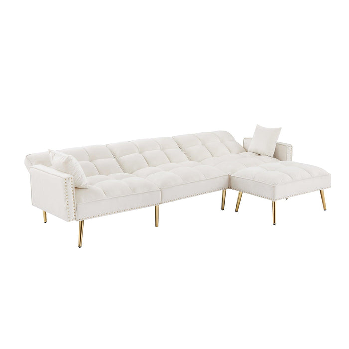 cream white Velvet Upholstered Reversible Sectional Sofa Bed , L-Shaped Couch with Movable Ottoman For Living Room.