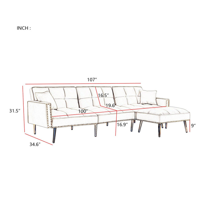 cream white Velvet Upholstered Reversible Sectional Sofa Bed , L-Shaped Couch with Movable Ottoman For Living Room.