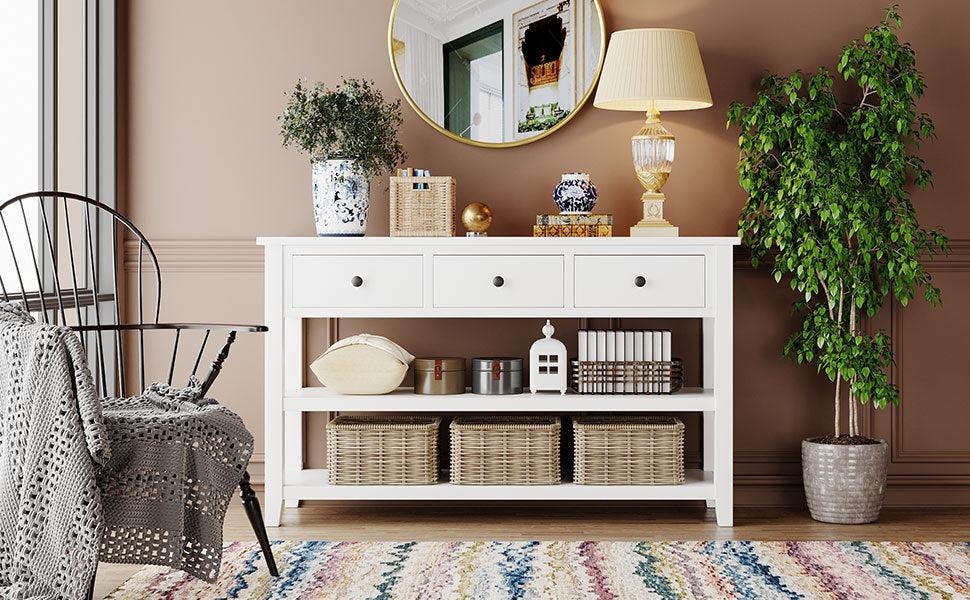 Retro Design Console Table with Two Open Shelves, Pine Solid Wood Frame and Legs for Living Room (Antique White)