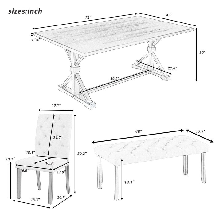 6-Piece Farmhouse Dining Table Set 72" Wood Rectangular Table, 4 Upholstered Chairs with Bench (Espresso)