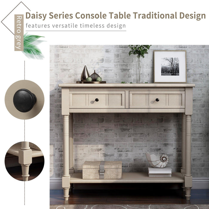 Daisy Series Console Table Traditional Design with Two Drawers and Bottom Shelf (Retro Grey)