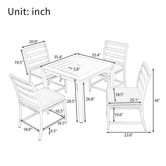 4 PCS Outdoor Garden Dining Chairs and Table with Umbrella Hole - Brown Gray