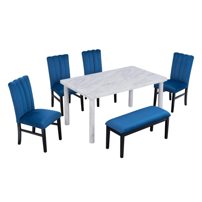 6-Piece Dining Table Set with Marble Veneer Table and 4 Flannelette Upholstered Dining Chairs & Bench (White+Blue)