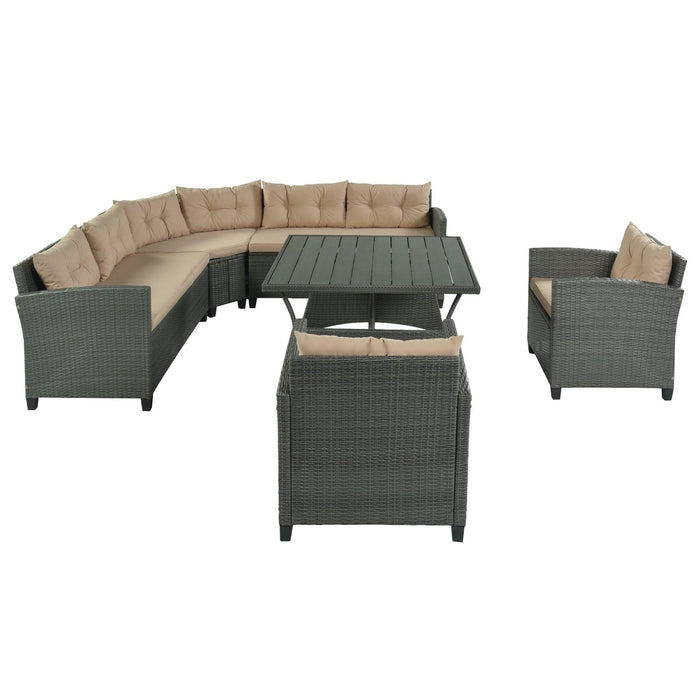 6-Piece Outdoor Wicker Sofa Set, Patio Rattan Dinning Set, Sectional Sofa with Thick Cushions and Pillows, Plywood Table Top, For Garden, Yard, Deck. (Gray Wicker, Beige Cushion)