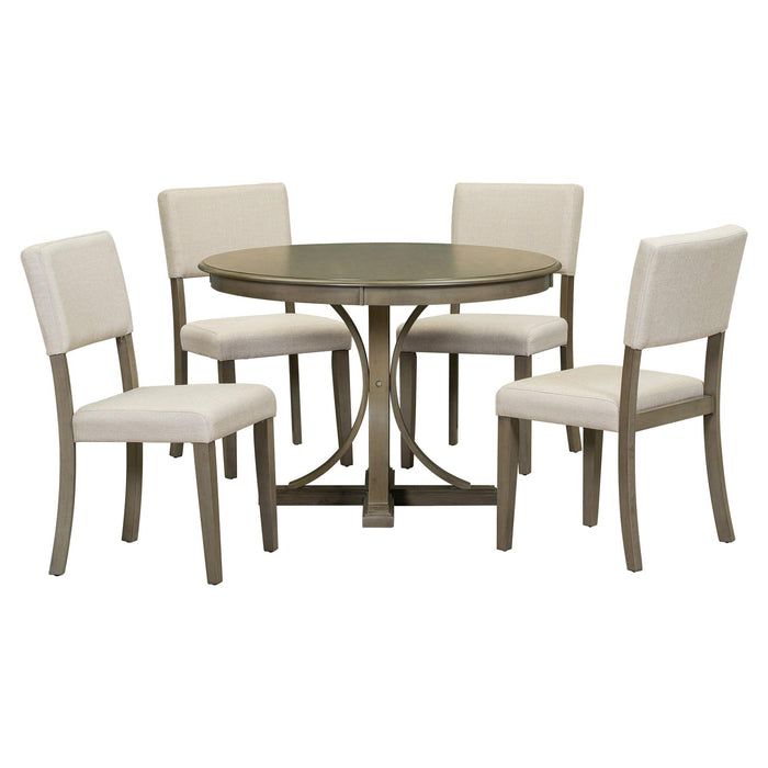 5-Piece Retro Round Dining Table Set with Curved Trestle Style Table Legs and 4 Upholstered Chairs for Dining Room (Taupe)