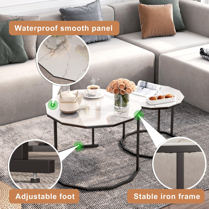 Marble Coffee Table End table 12-n Shape, 25.6 " White Artificial Marble Top and Black Metal Legs can be used in living room, outdoor, anti-tip.(white+black,25.6"W x 25.6"D x 18.4"H)