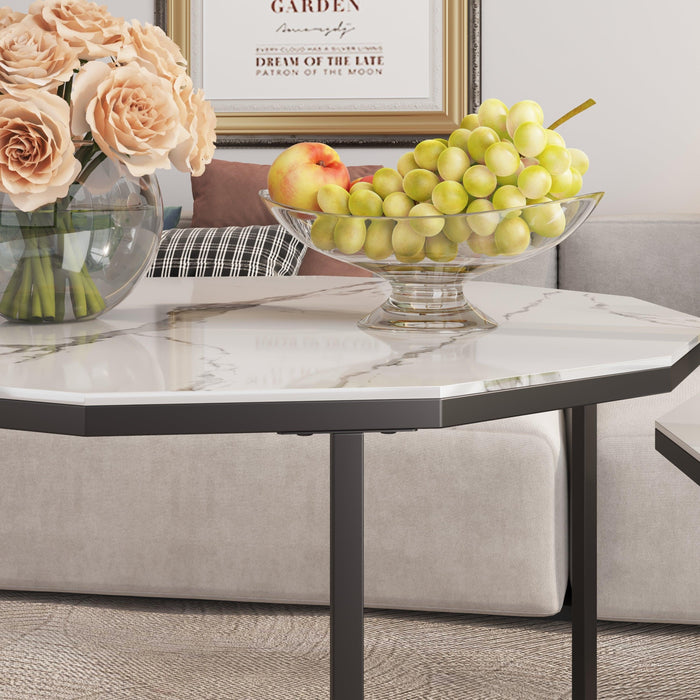 Marble Coffee Table End table 12-n Shape, 25.6 " White Artificial Marble Top and Black Metal Legs can be used in living room, outdoor, anti-tip.(white+black,25.6"W x 25.6"D x 18.4"H)