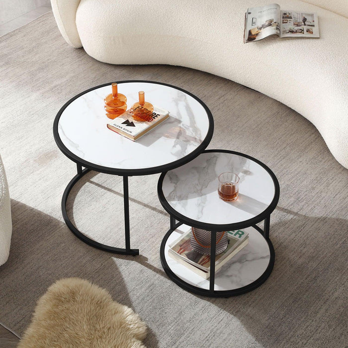 27.16inch Marble Pattern MDF Top with Black Metal Frame nesting coffee table set of 2