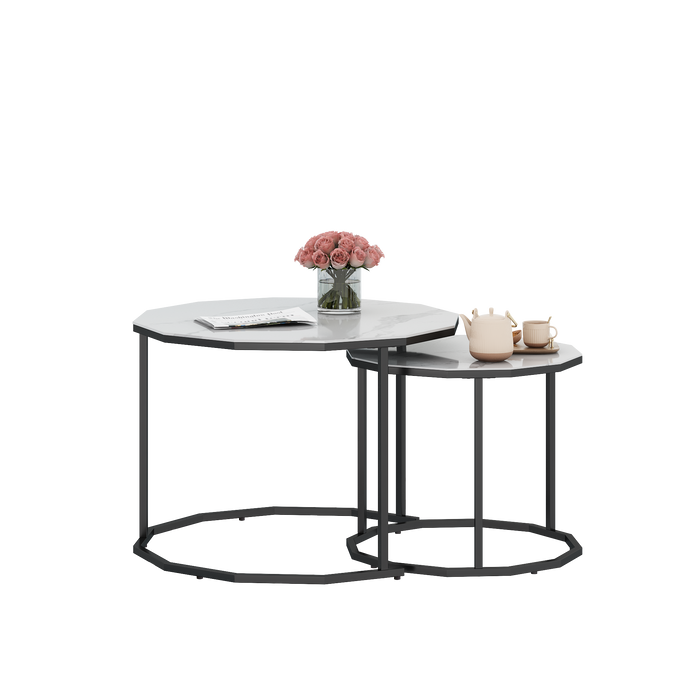 Marble Coffee Table End table 12-n Shape, 25.6 " White Artificial Marble Top and Black Metal Legs can be used in living room, outdoor, anti-tip.(white+black,25.6"W x 25.6"D x 18.4"H)