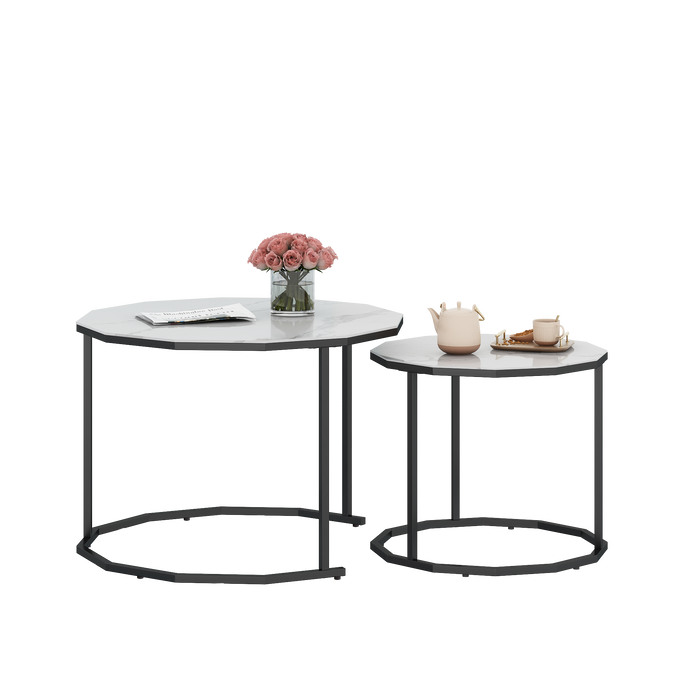 Marble Coffee Table End table 12-n Shape, 25.6 " White Artificial Marble Top and Black Metal Legs can be used in living room, outdoor, anti-tip.(white+black,25.6"W x 25.6"D x 18.4"H)