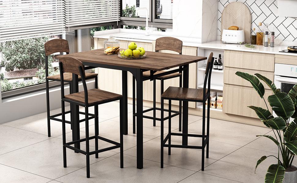 Farmhouse 5-piece Counter Height Drop Leaf Dining Table Set with Dining Chairs for 4,Black Frame+Brown Tabletop