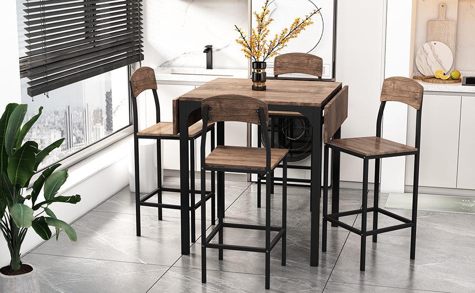 Farmhouse 5-piece Counter Height Drop Leaf Dining Table Set with Dining Chairs for 4,Black Frame+Brown Tabletop