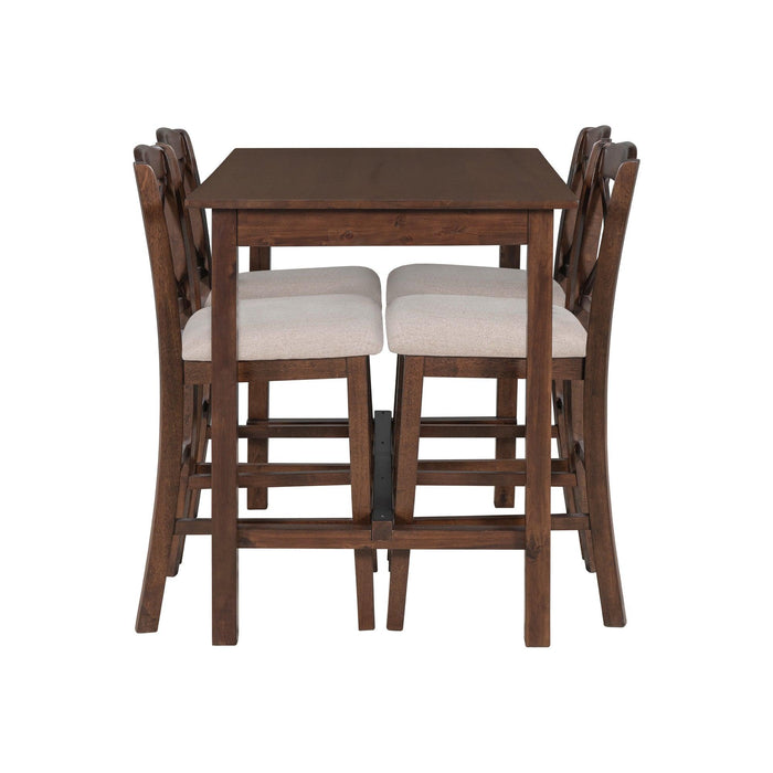 Casual Counter Height Wood 5-Piece Dining Table Set with 4 Upholstered Chairs and 1Storage Drawer, Walnut+Beige