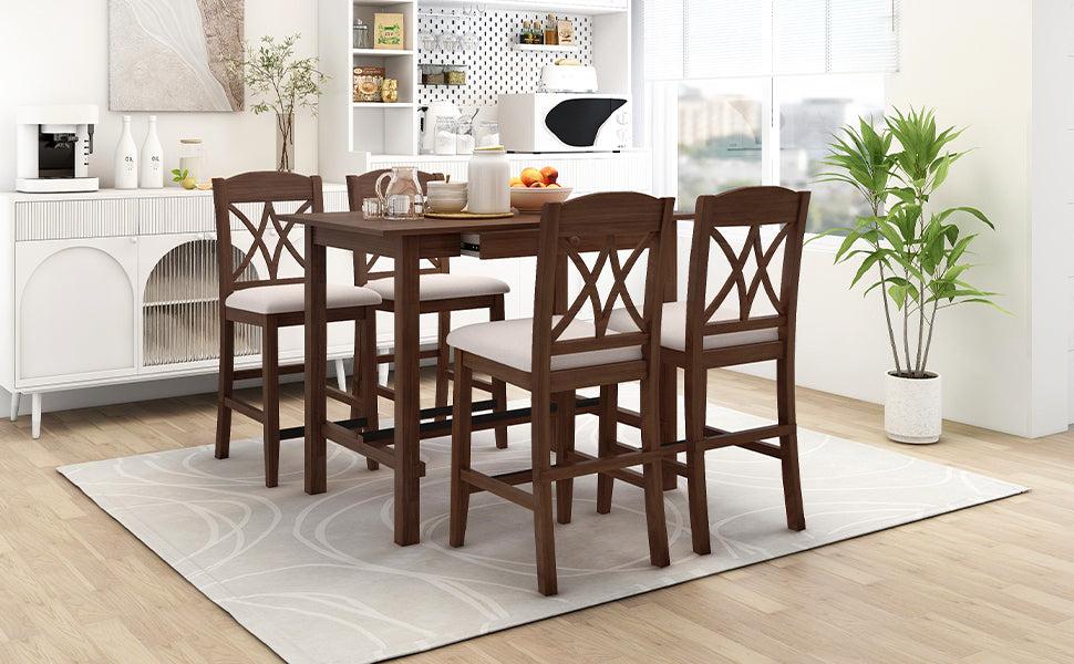 Casual Counter Height Wood 5-Piece Dining Table Set with 4 Upholstered Chairs and 1Storage Drawer, Walnut+Beige