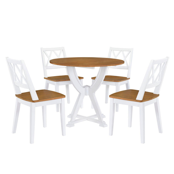 Mid-Century 5-Piece Round Dining Table Set with Trestle Legs and 4 Cross Back Dining Chairs, Antique Oak+White