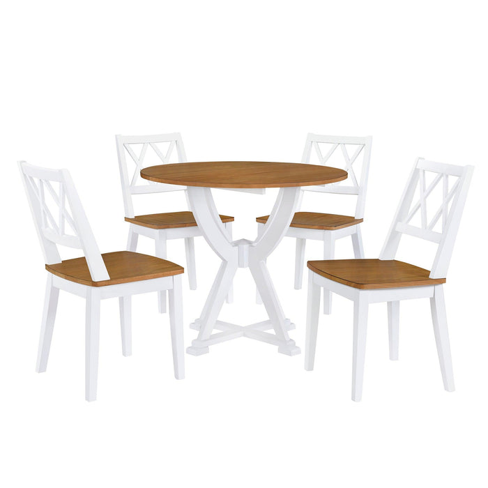 Mid-Century 5-Piece Round Dining Table Set with Trestle Legs and 4 Cross Back Dining Chairs, Antique Oak+White