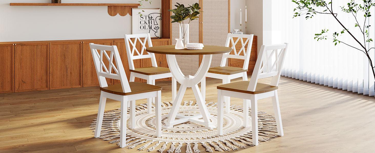 Mid-Century 5-Piece Round Dining Table Set with Trestle Legs and 4 Cross Back Dining Chairs, Antique Oak+White