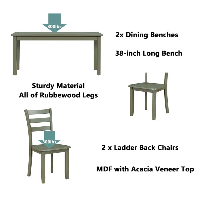 5-piece Wooden Dining Set, Kitchen Table with 2 Dining Chairs and 2 Benches, Farmhouse Rustic Style, Green