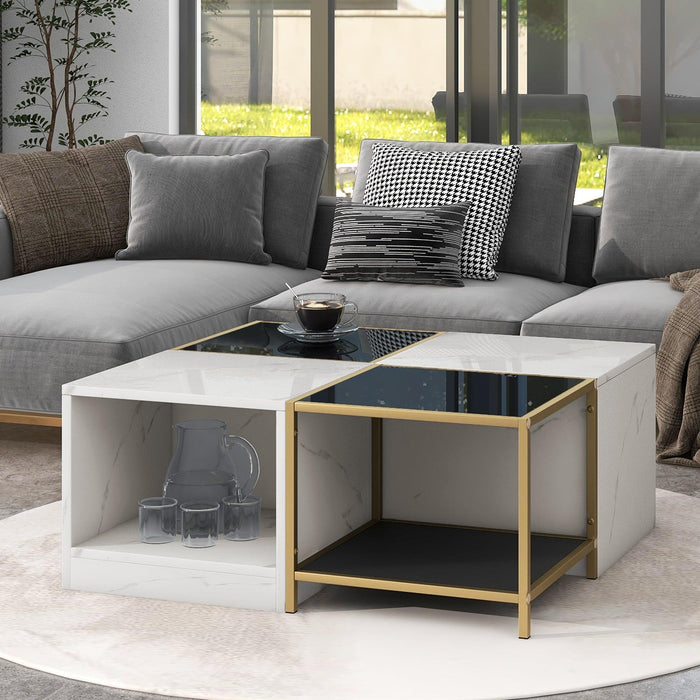 2-layerModern Coffee Table with Metal Frame, Cocktail Table with High Gloss White Marble Finish, Simply Assemble Square Corner Tables for Living Room, 31.5”x 31.5”