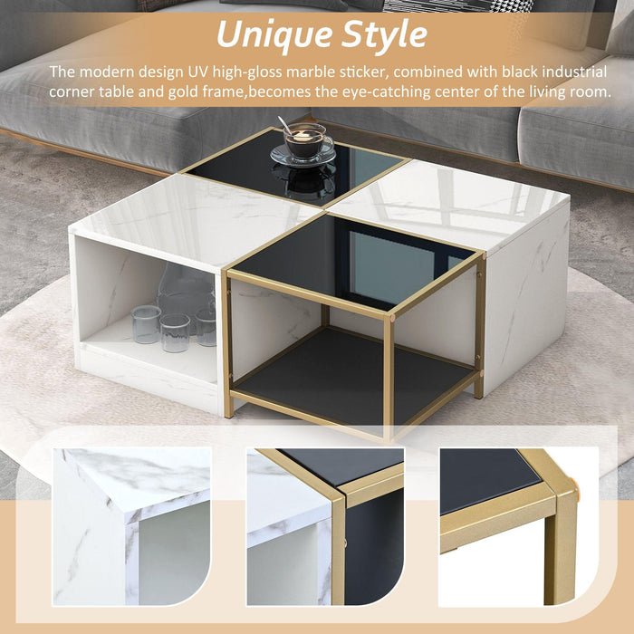 2-layerModern Coffee Table with Metal Frame, Cocktail Table with High Gloss White Marble Finish, Simply Assemble Square Corner Tables for Living Room, 31.5”x 31.5”