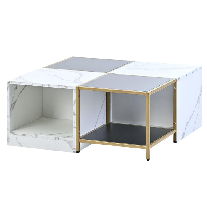 2-layerModern Coffee Table with Metal Frame, Cocktail Table with High Gloss White Marble Finish, Simply Assemble Square Corner Tables for Living Room, 31.5”x 31.5”