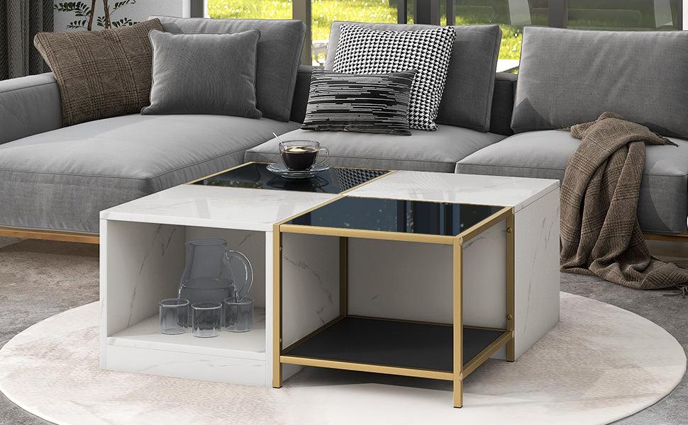 2-layerModern Coffee Table with Metal Frame, Cocktail Table with High Gloss White Marble Finish, Simply Assemble Square Corner Tables for Living Room, 31.5”x 31.5”