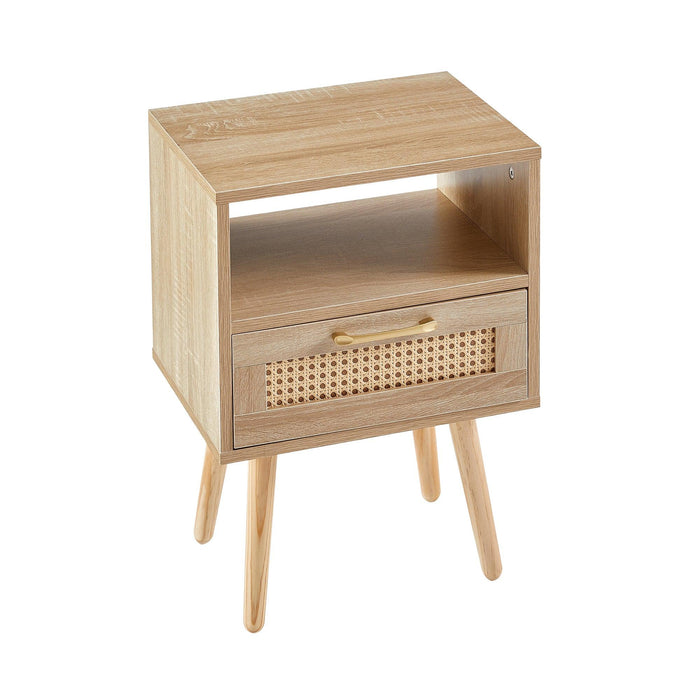 15.75" Rattan End table with  drawer and solid wood legs,Modern nightstand, side table for living roon, bedroom,natural