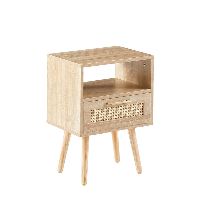 15.75" Rattan End table with  drawer and solid wood legs,Modern nightstand, side table for living roon, bedroom,natural