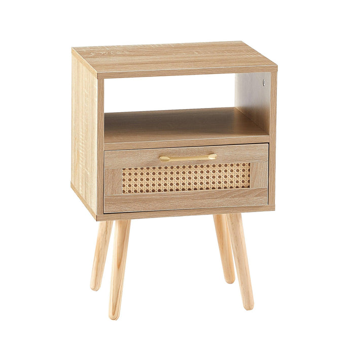 15.75" Rattan End table with  drawer and solid wood legs,Modern nightstand, side table for living roon, bedroom,natural