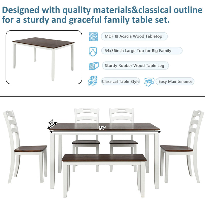 6 Piece Dining Table Set with Bench, Table Set with Waterproof Coat, Ivory and Cherry