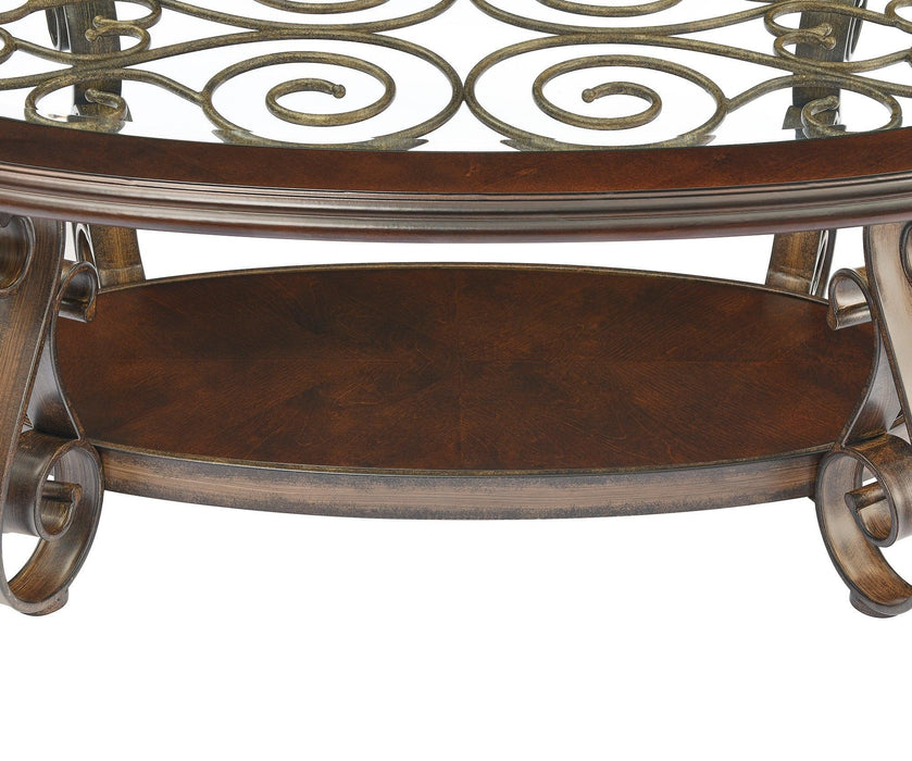 Coffee Table with Glass Table Top and Powder Coat Finish Metal Legs，Dark Brown （52.5"X28.5"X19.5")