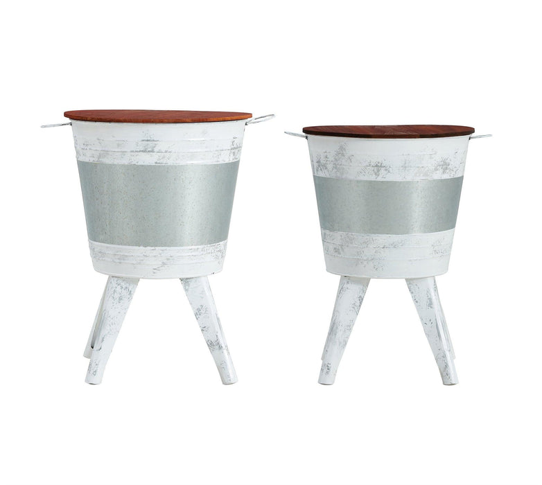 Farmhouse Rustic Distressed Metal Accent Cocktail Table with wood top-WHT, Set of 2