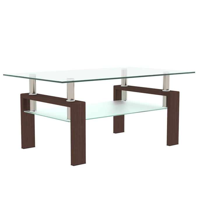 Rectangle Walnut Glass Coffee Table, Clear Coffee Table，Modern Side Center Tables for Living Room， Living Room Furniture