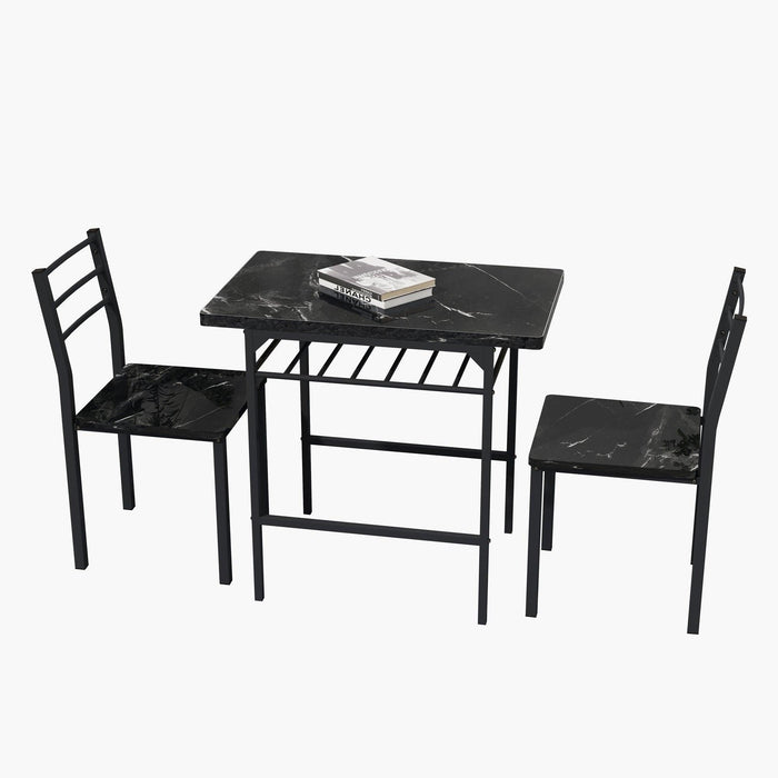 Modern 3-Piece  Dining Table Set with  2 Chairs for Dining Room，Black Frame+Printed Black Marble Finish