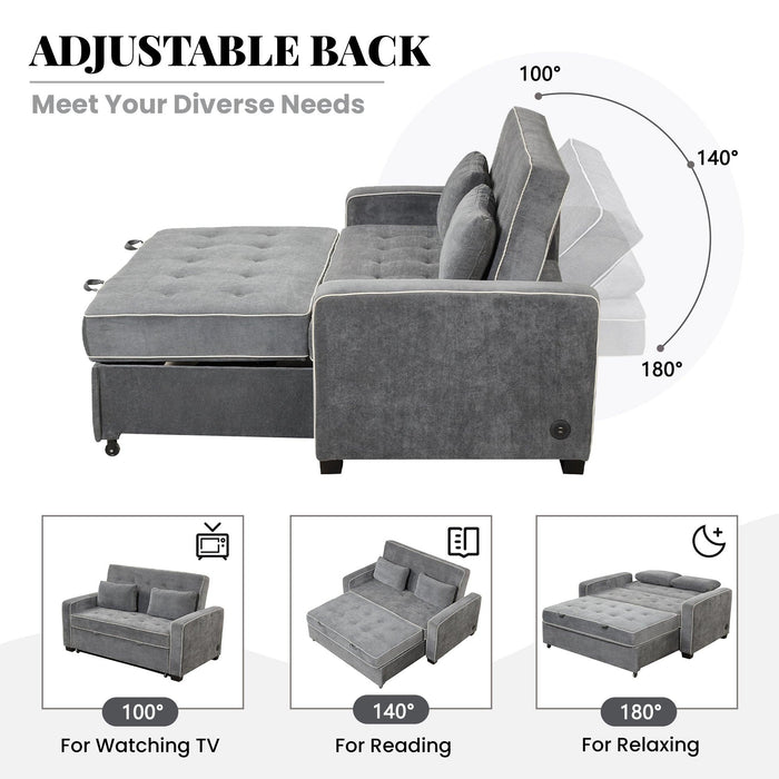 65.7" Linen Upholstered Sleeper Bed , Pull Out Sofa Bed Couch attached two throw pillows,Dual USB Charging Port and Adjustable Backrest for Living Room Space，Charcoal Gray