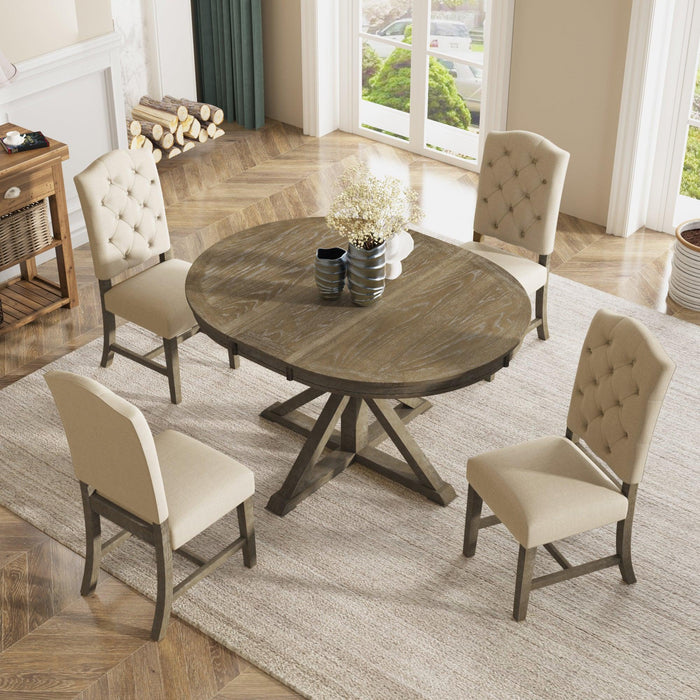 Functional Furniture Retro Style Dining Table Set with Extendable Table and 4 Upholstered Chairs for Dining Room and Living Room(Natural Wood Wash)